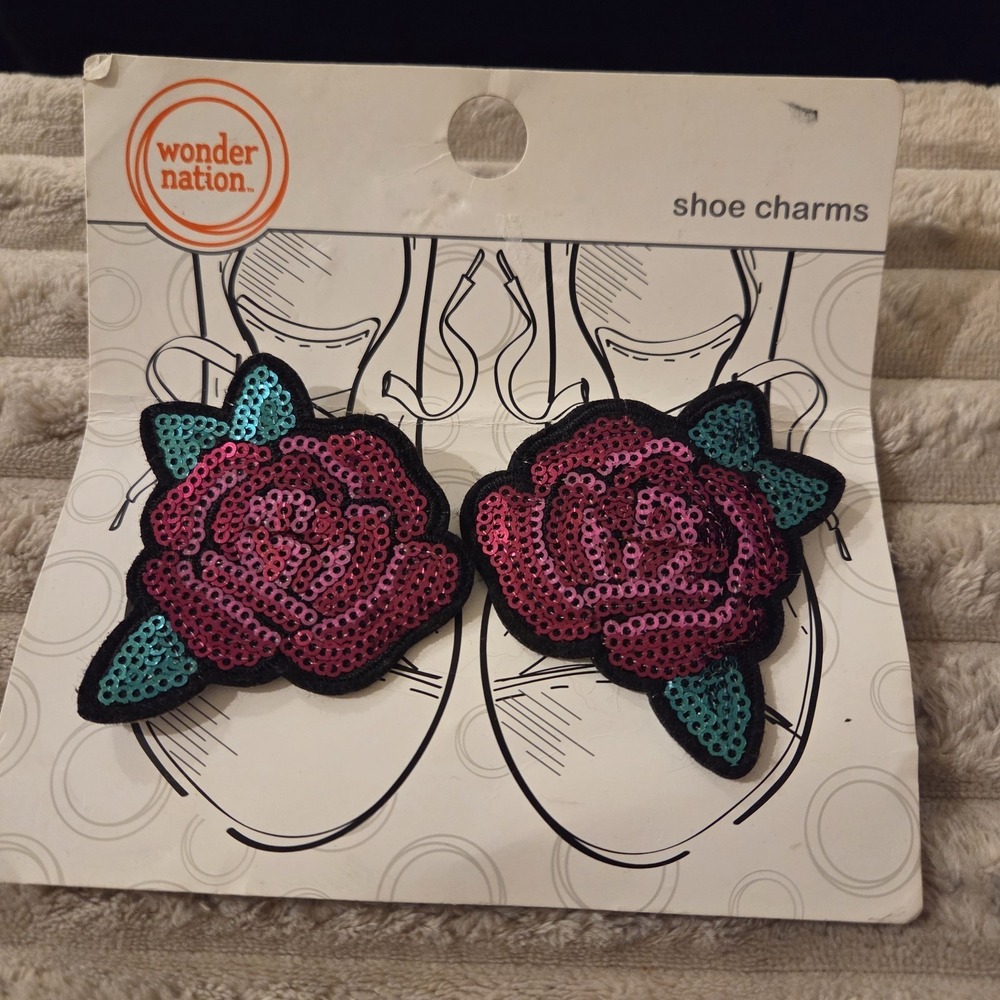 Wonder Nation Rose Sequin Shoe Lace Charms Set of 2 Pink Purple Roses Shoes